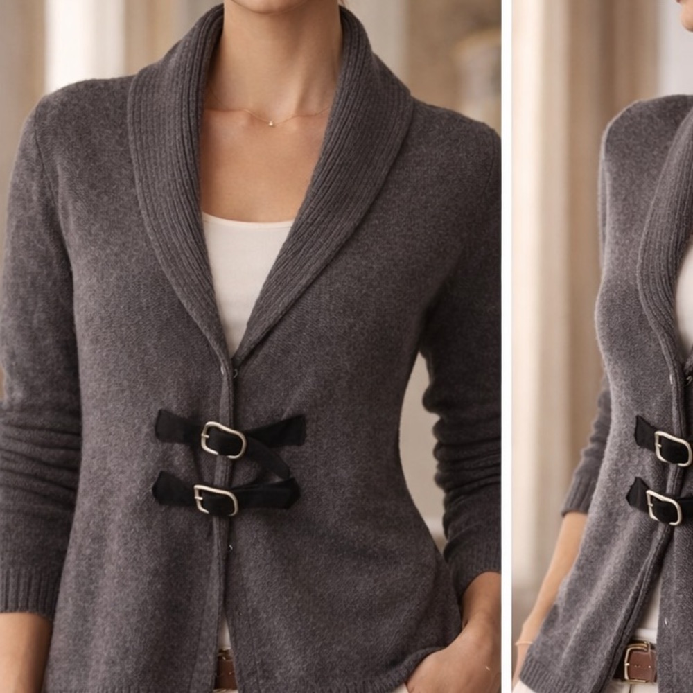 Fenn Wright Manson Charcoal Gray Shawl Collar Sweater Buckle Cardigan Small